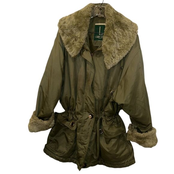Larry Levine army olive green beige faux fur collar utility field jacket… - Picture 1 of 4